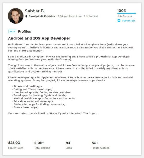 Upwork Profile Overview Sample for Mobile App/ Android / iOS - Webson Job