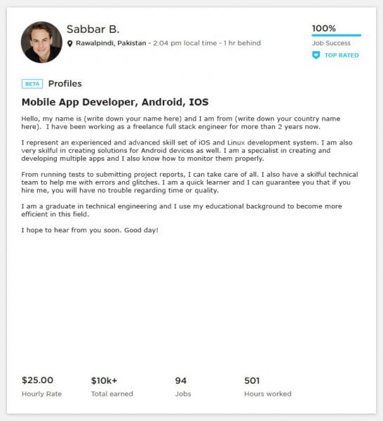 Upwork Profile Overview Sample for Mobile App/ Android / iOS - Webson Job