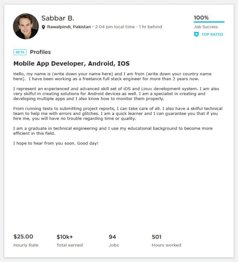 Upwork Profile Overview Sample for Mobile App/ Android / iOS - Webson Job