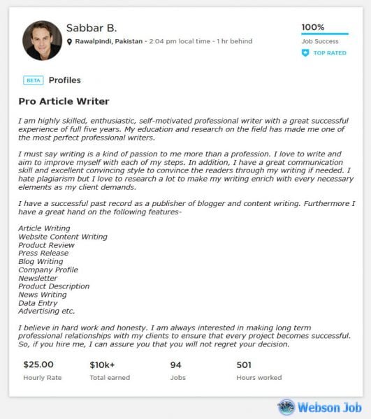Upwork Profile Overview Sample for Article Writing - Webson Job