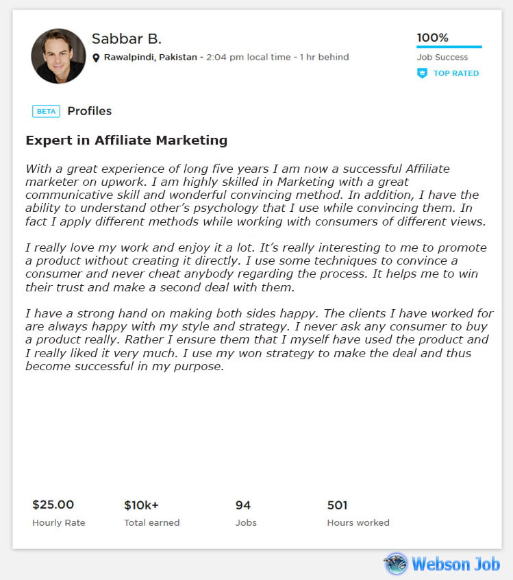 Upwork Profile Overview Sample for Affiliate Marketing