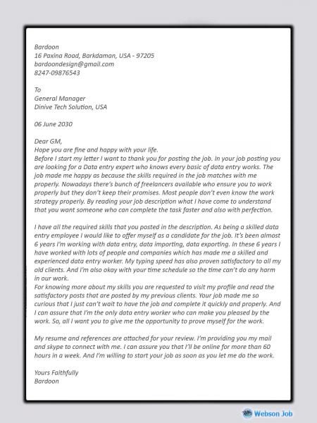 Data Entry Cover Letter Sample for Upwork - WebsonJob Institute of ...