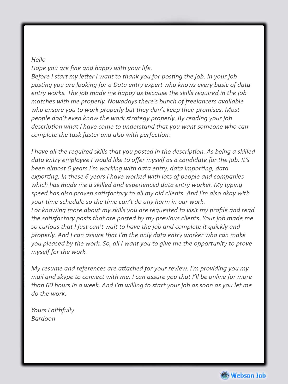 Data Entry Cover Letter Sample for Upwork 2021 Webson Job