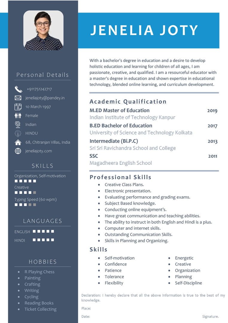 Resume Format for Fresher Teacher Sample 3