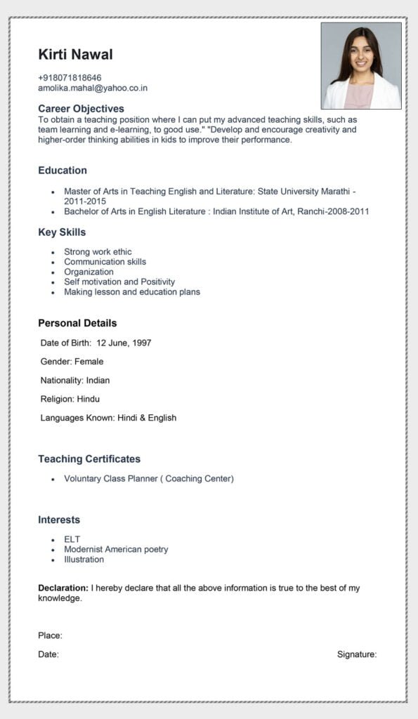 Resume for Teacher Fresher: 5 CV Samples, Cover Letter, Tips - Webson Job