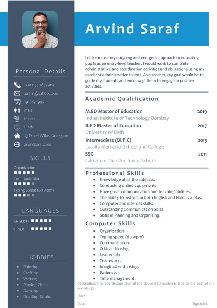 Resume for Teacher Fresher: 5 CV Samples, Cover Letter, Tips - Webson Job