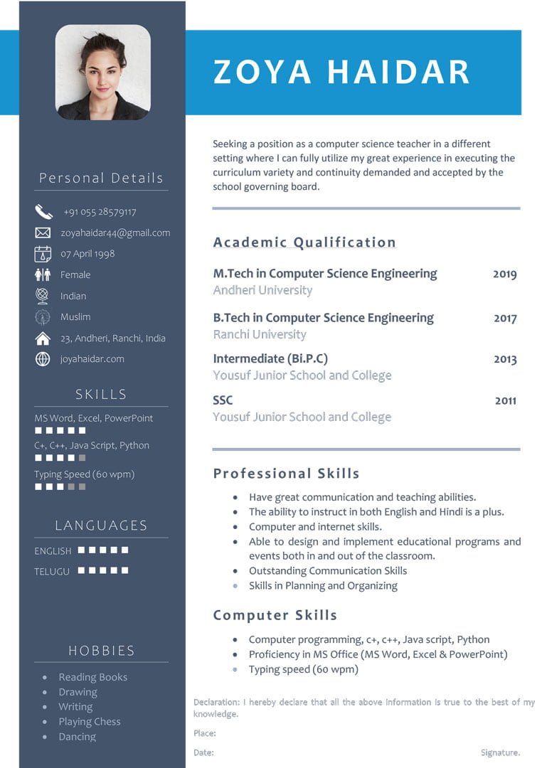 Resume for Teacher Job Fresher Sample 1